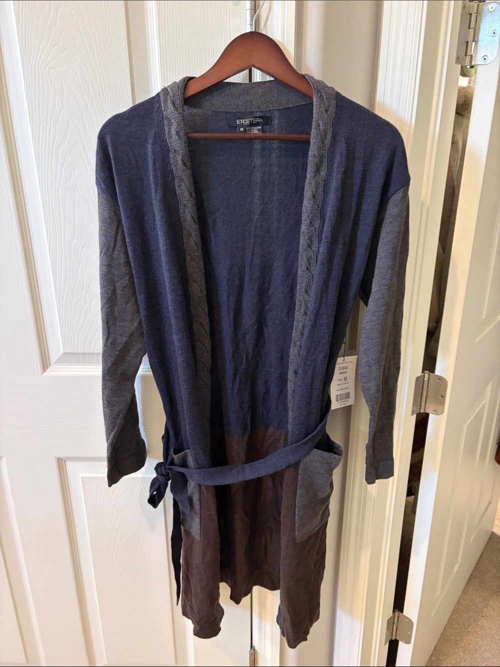 ETCETERA:  Navy, gray, brown 100% merino wool Long Belted Cardigan